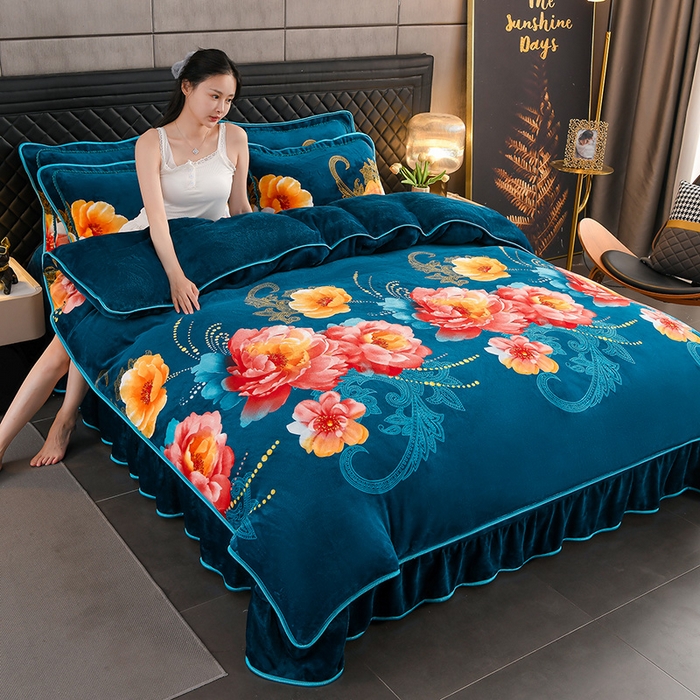 91家纺网 家纺一手货源 找家纺 （总）千嘻汇 2025新款7斤牛奶绒金貂法莱绒床裙款保暖绒四件套