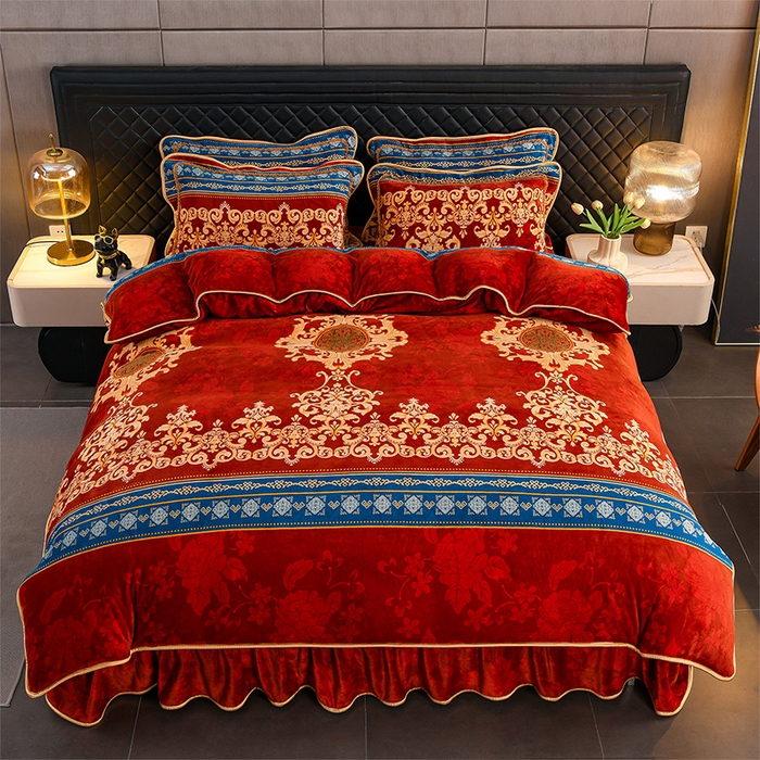 91家纺网 家纺一手货源 找家纺 千嘻汇 2025新款7斤牛奶绒金貂法莱绒床裙款保暖绒四件套 布拉格