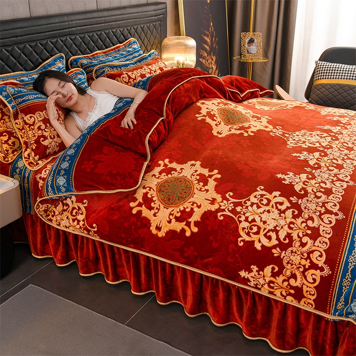 91家纺网 家纺一手货源 找家纺 千嘻汇 2025新款7斤牛奶绒金貂法莱绒床裙款保暖绒四件套 布拉格