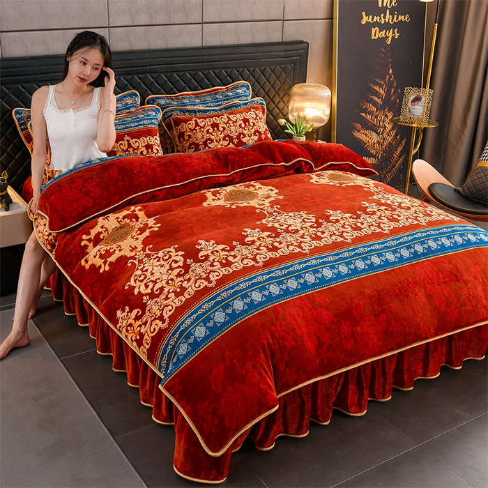 91家纺网 家纺一手货源 找家纺 千嘻汇 2025新款7斤牛奶绒金貂法莱绒床裙款保暖绒四件套 布拉格