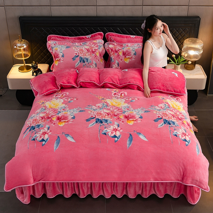  千嘻汇 2025新款7斤牛奶绒金貂法莱绒床裙款保暖绒四件套 粉黛佳人