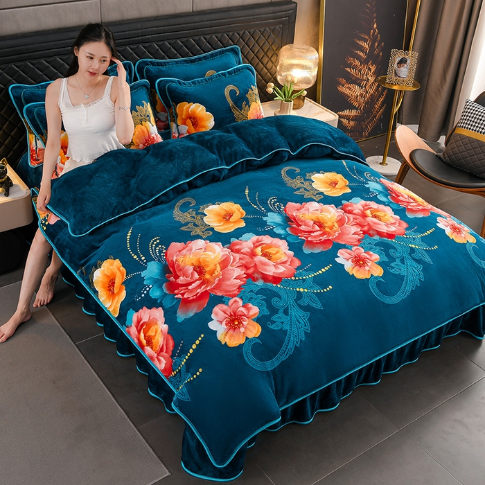 91家纺网 家纺一手货源 找家纺 千嘻汇 2025新款7斤牛奶绒金貂法莱绒床裙款保暖绒四件套 浮梦繁花