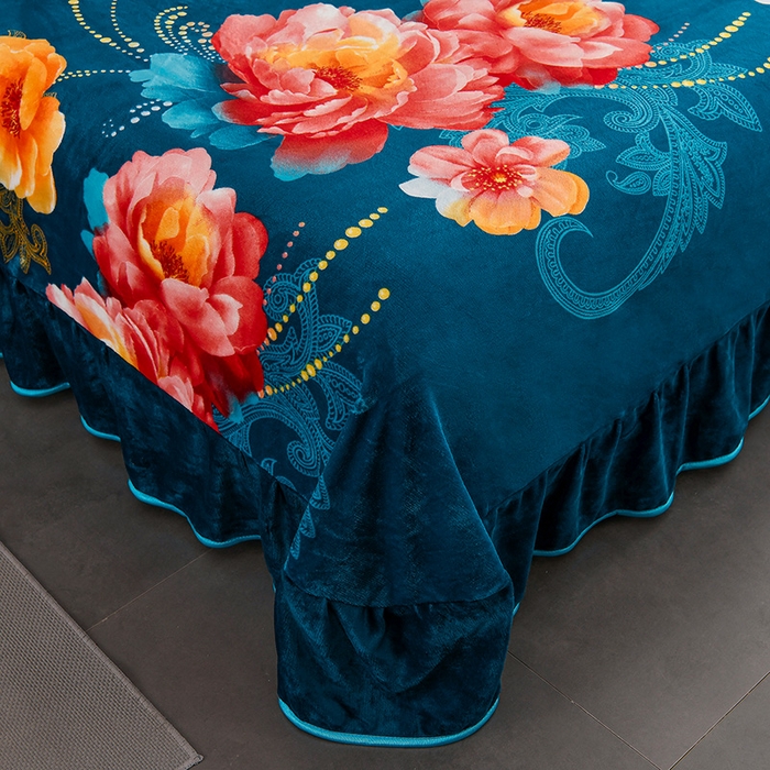 91家纺网 家纺一手货源 找家纺 千嘻汇 2025新款7斤牛奶绒金貂法莱绒床裙款保暖绒四件套 浮梦繁花