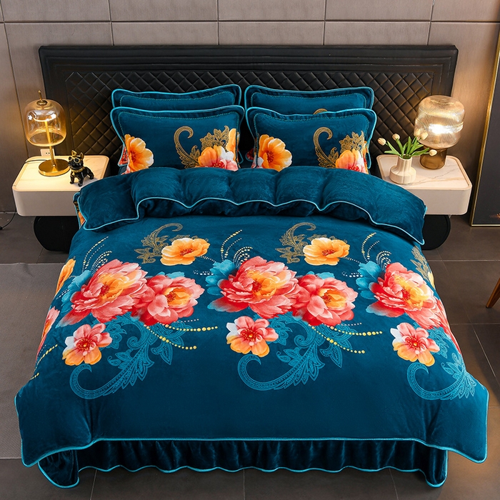 91家纺网 家纺一手货源 找家纺 千嘻汇 2025新款7斤牛奶绒金貂法莱绒床裙款保暖绒四件套 浮梦繁花