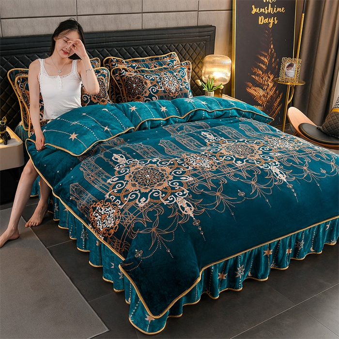 91家纺网 家纺一手货源 找家纺 千嘻汇 2025新款7斤牛奶绒金貂法莱绒床裙款保暖绒四件套 流星花园