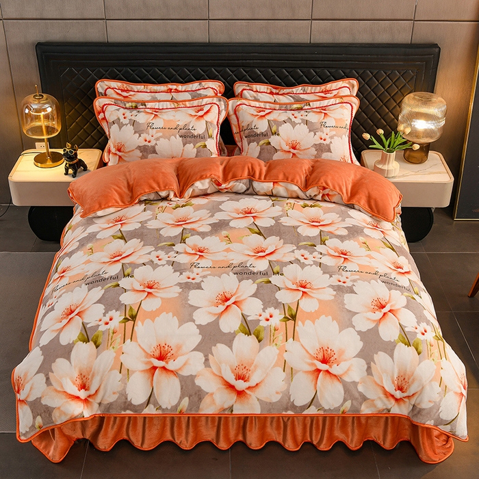 91家纺网 家纺一手货源 找家纺 千嘻汇 2025新款7斤牛奶绒金貂法莱绒床裙款保暖绒四件套 漫步花香