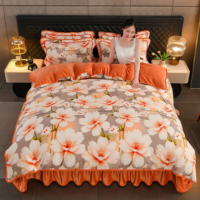 千嘻汇 2025新款7斤牛奶绒金貂法莱绒床裙款保暖绒四件套 漫步花香