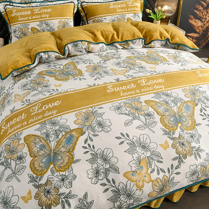 91家纺网 家纺一手货源 找家纺 千嘻汇 2025新款7斤牛奶绒金貂法莱绒床裙款保暖绒四件套 翩翩起舞