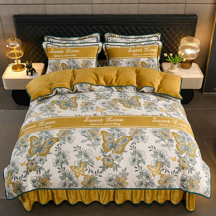 91家纺网 家纺一手货源 找家纺 千嘻汇 2025新款7斤牛奶绒金貂法莱绒床裙款保暖绒四件套 翩翩起舞