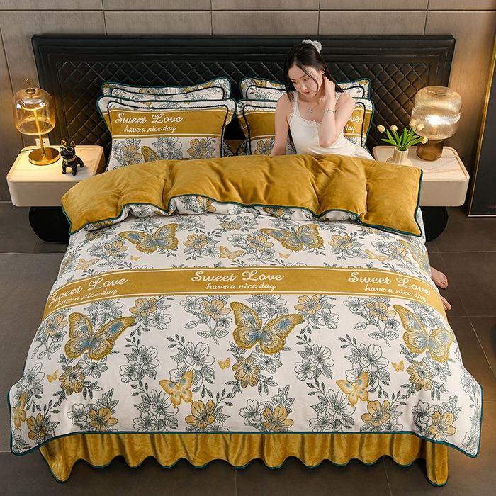 千嘻汇 2025新款7斤牛奶绒金貂法莱绒床裙款保暖绒四件套 翩翩起舞