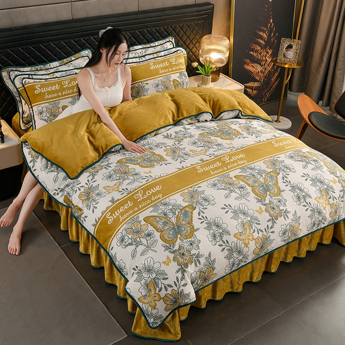 91家纺网 家纺一手货源 找家纺 千嘻汇 2025新款7斤牛奶绒金貂法莱绒床裙款保暖绒四件套 翩翩起舞