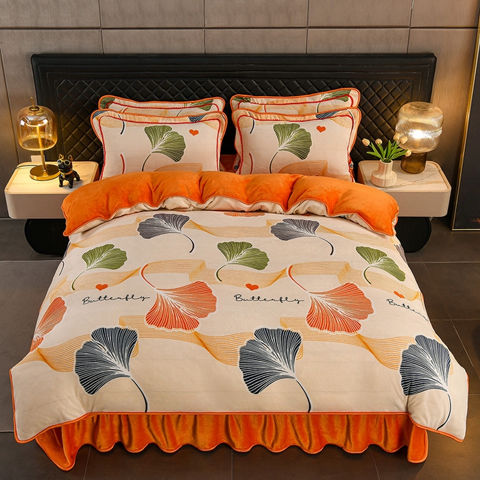 91家纺网 家纺一手货源 找家纺 千嘻汇 2025新款7斤牛奶绒金貂法莱绒床裙款保暖绒四件套 银杏花开