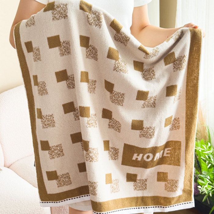 91家纺网 家纺一手货源 找家纺 悦然毛巾被 2025新款全棉毛圈浴巾盖毯 方格咖70*140