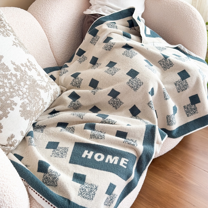 91家纺网 家纺一手货源 找家纺 悦然毛巾被 2025新款全棉毛圈浴巾盖毯 方格蓝70*140