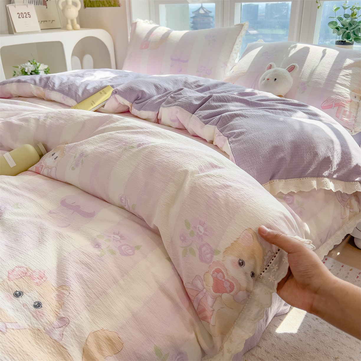 91家纺网 家纺一手货源 找家纺 （总）雯豆家纺2025新品皱皱双层纱四件套镂空花边款三件套