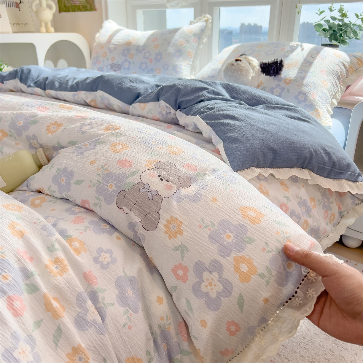 91家纺网 家纺一手货源 找家纺 （总）雯豆家纺2025新品皱皱双层纱四件套镂空花边款三件套