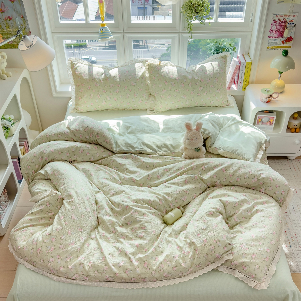 91家纺网 家纺一手货源 找家纺 （总）雯豆家纺2025新品皱皱双层纱四件套镂空花边款三件套