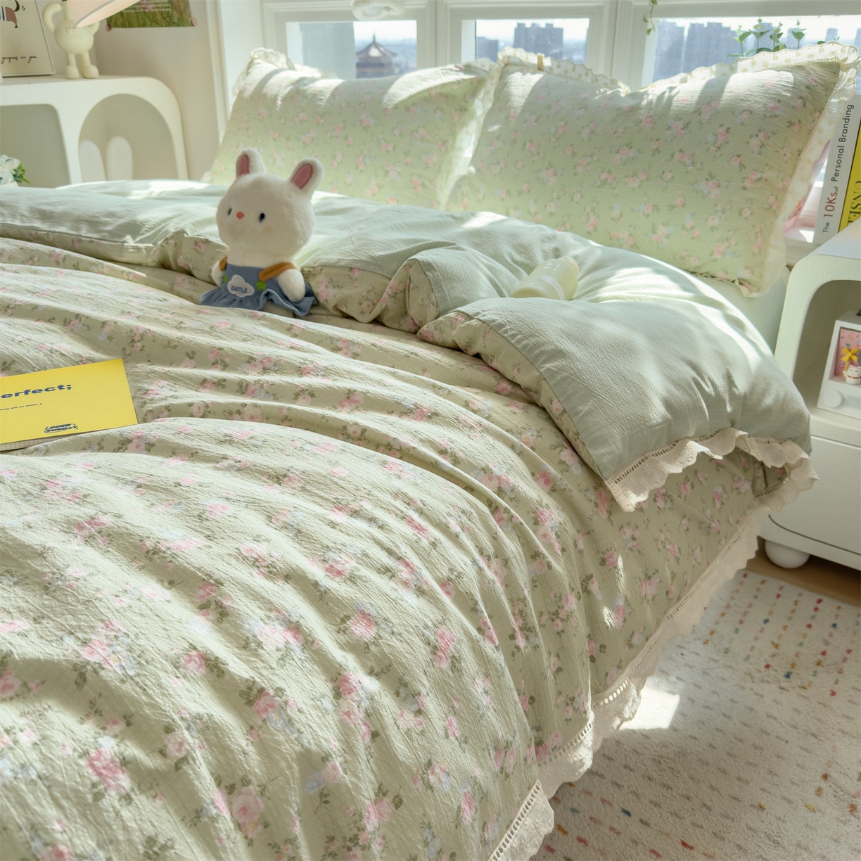 91家纺网 家纺一手货源 找家纺 （总）雯豆家纺2025新品皱皱双层纱四件套镂空花边款三件套