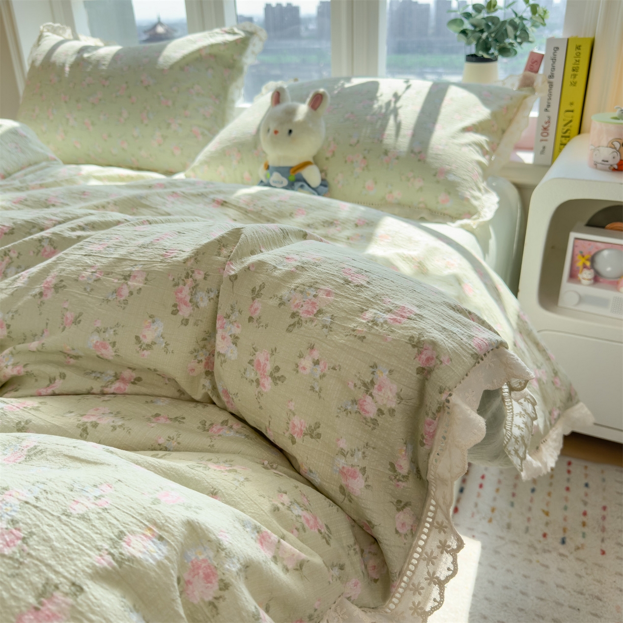 91家纺网 家纺一手货源 找家纺 （总）雯豆家纺2025新品皱皱双层纱四件套镂空花边款三件套