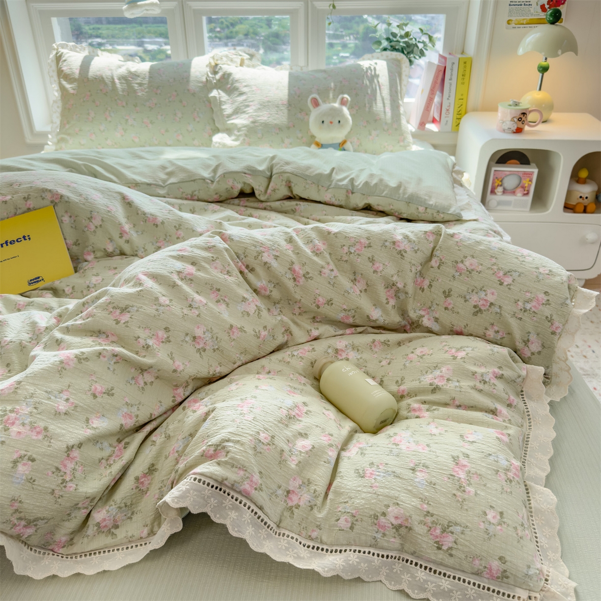 91家纺网 家纺一手货源 找家纺 （总）雯豆家纺2025新品皱皱双层纱四件套镂空花边款三件套