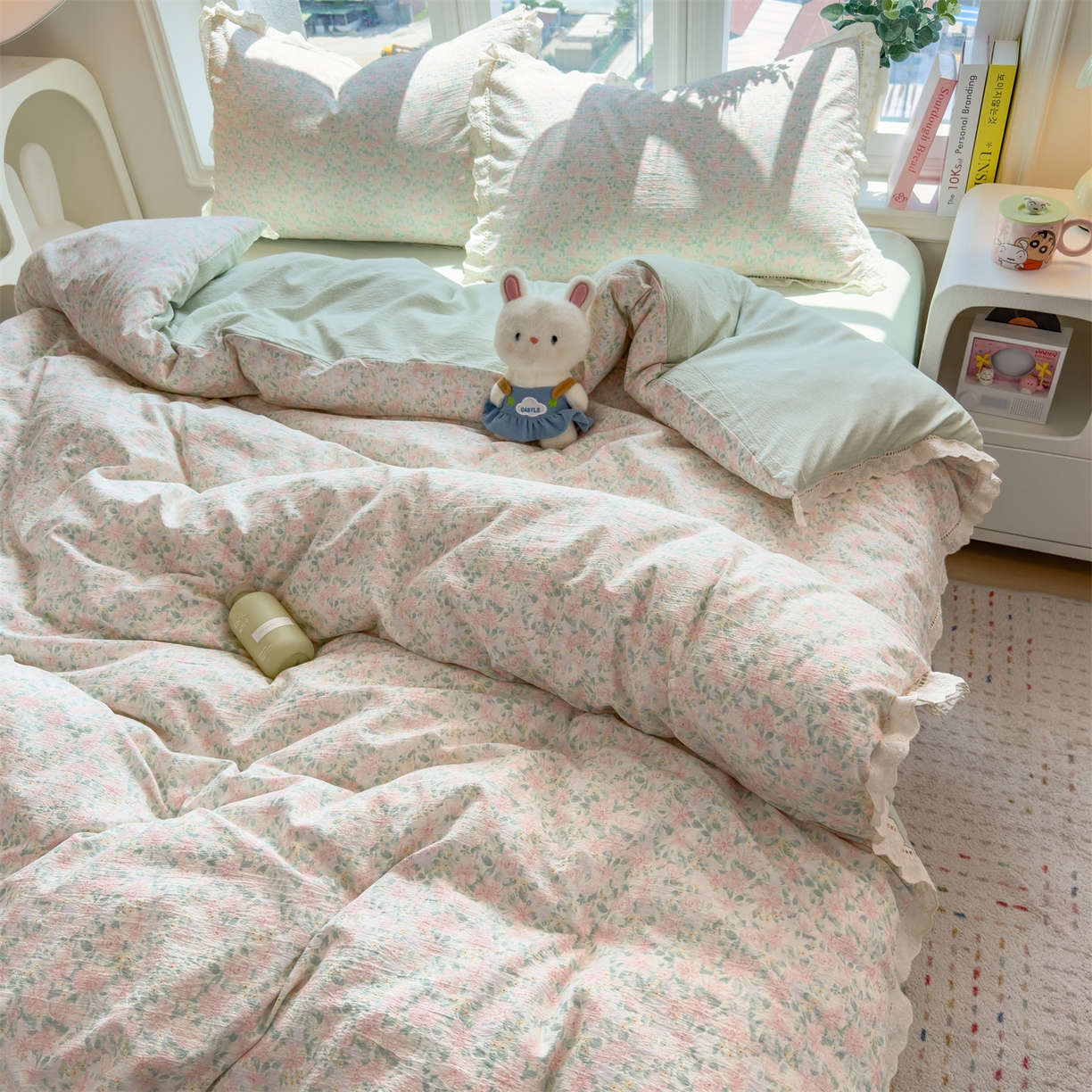 91家纺网 家纺一手货源 找家纺 雯豆家纺2025新品皱皱双层纱四件套镂空花边款三件套 爱尔蓝