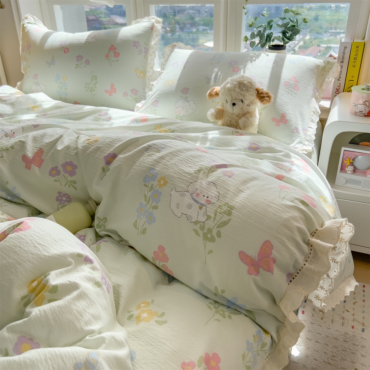 91家纺网 家纺一手货源 找家纺 雯豆家纺2025新品皱皱双层纱四件套镂空花边款三件套 春日小狗