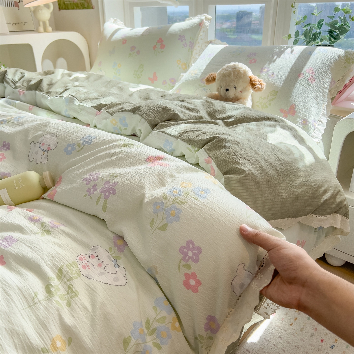 雯豆家纺2025新品皱皱双层纱四件套镂空花边款三件套 春日小狗