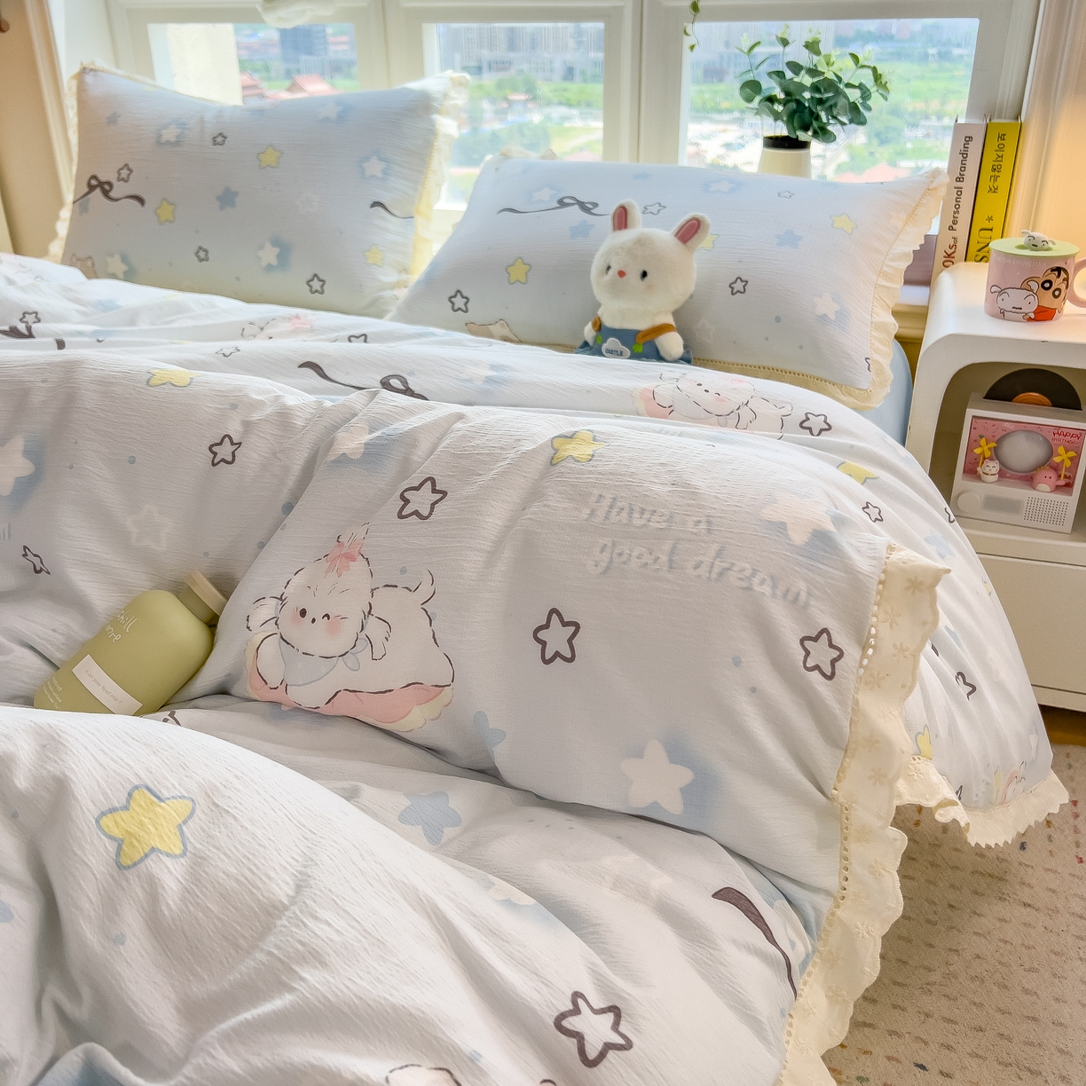 91家纺网 家纺一手货源 找家纺 雯豆家纺2025新品皱皱双层纱四件套镂空花边款三件套 蝴蝶结小猫