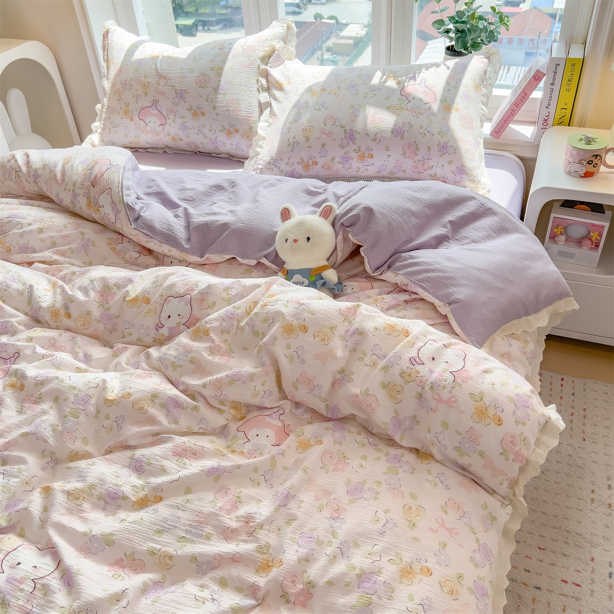 91家纺网 家纺一手货源 找家纺 雯豆家纺2025新品皱皱双层纱四件套镂空花边款三件套 可爱KT