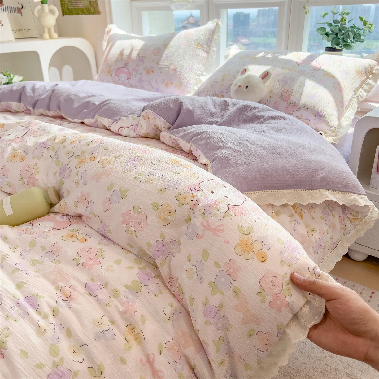 雯豆家纺2025新品皱皱双层纱四件套镂空花边款三件套 可爱KT