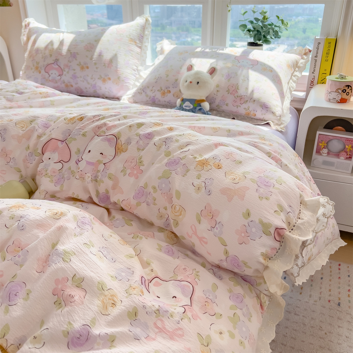 91家纺网 家纺一手货源 找家纺 雯豆家纺2025新品皱皱双层纱四件套镂空花边款三件套 可爱KT