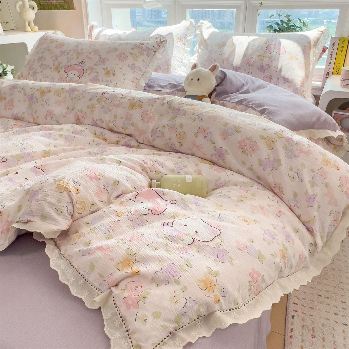 91家纺网 家纺一手货源 找家纺 雯豆家纺2025新品皱皱双层纱四件套镂空花边款三件套 可爱KT