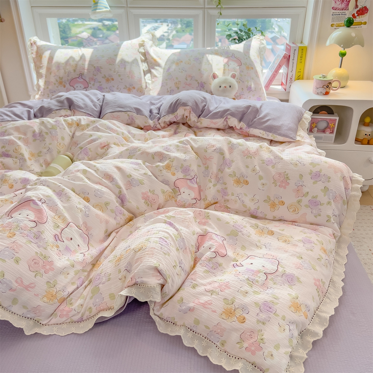 91家纺网 家纺一手货源 找家纺 雯豆家纺2025新品皱皱双层纱四件套镂空花边款三件套 可爱KT