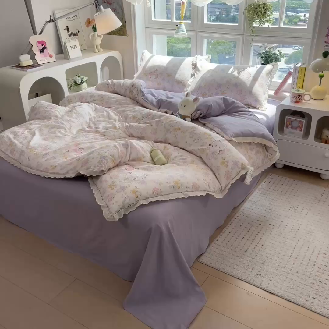 91家纺网 家纺一手货源 找家纺 雯豆家纺2025新品皱皱双层纱四件套镂空花边款三件套 可爱KT