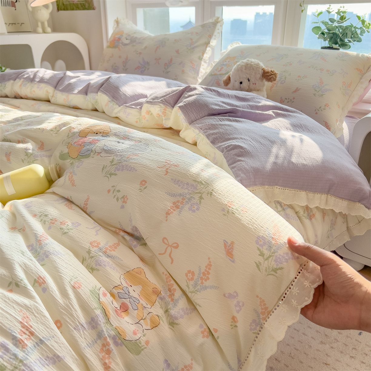 雯豆家纺2025新品皱皱双层纱四件套镂空花边款三件套 快乐萌宝