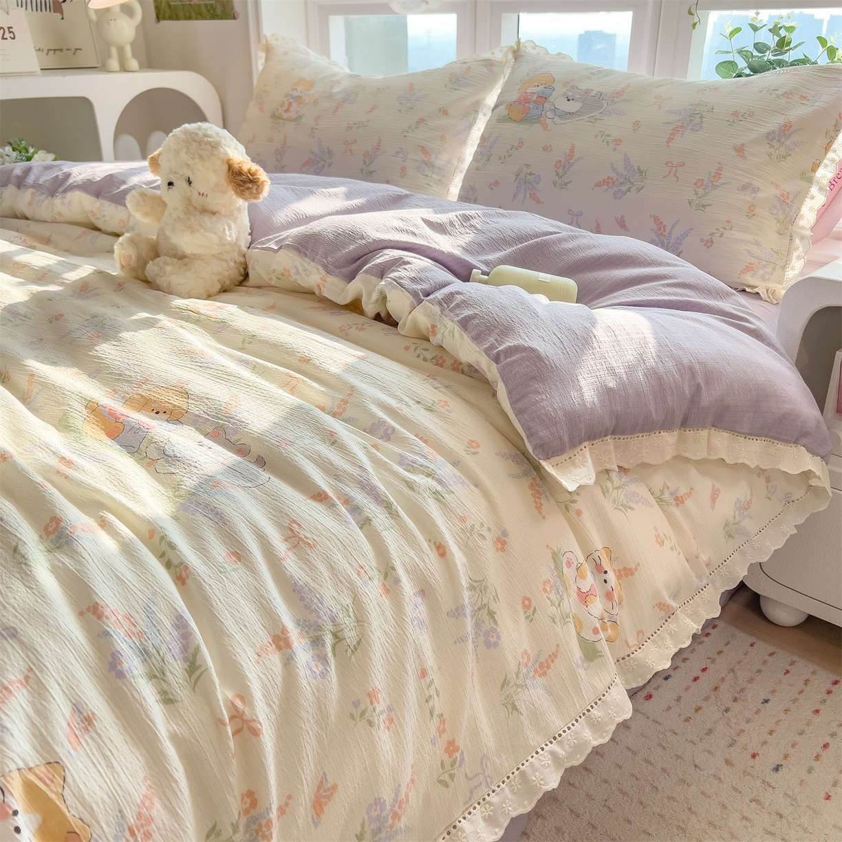 91家纺网 家纺一手货源 找家纺 雯豆家纺2025新品皱皱双层纱四件套镂空花边款三件套 快乐萌宝