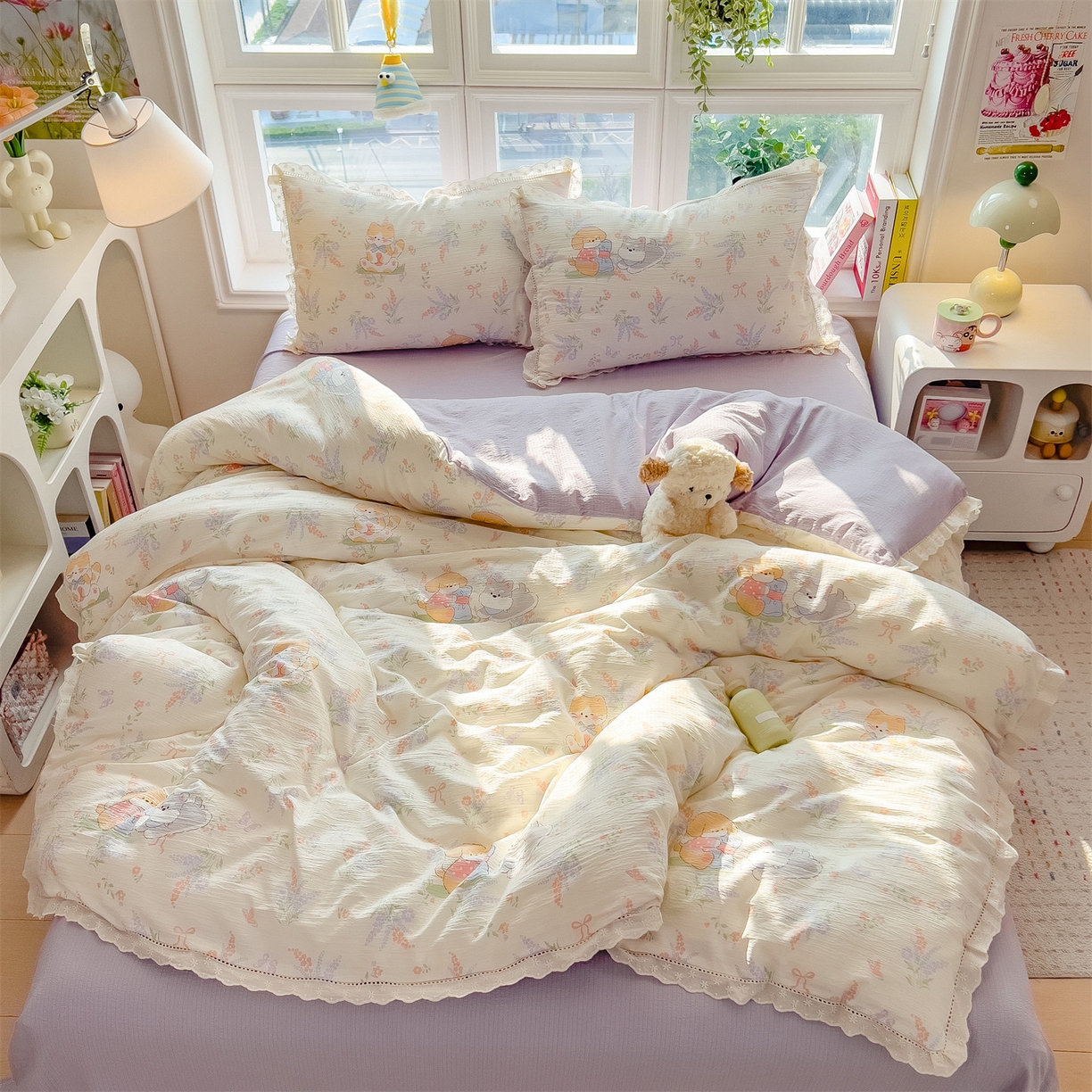 91家纺网 家纺一手货源 找家纺 雯豆家纺2025新品皱皱双层纱四件套镂空花边款三件套 快乐萌宝