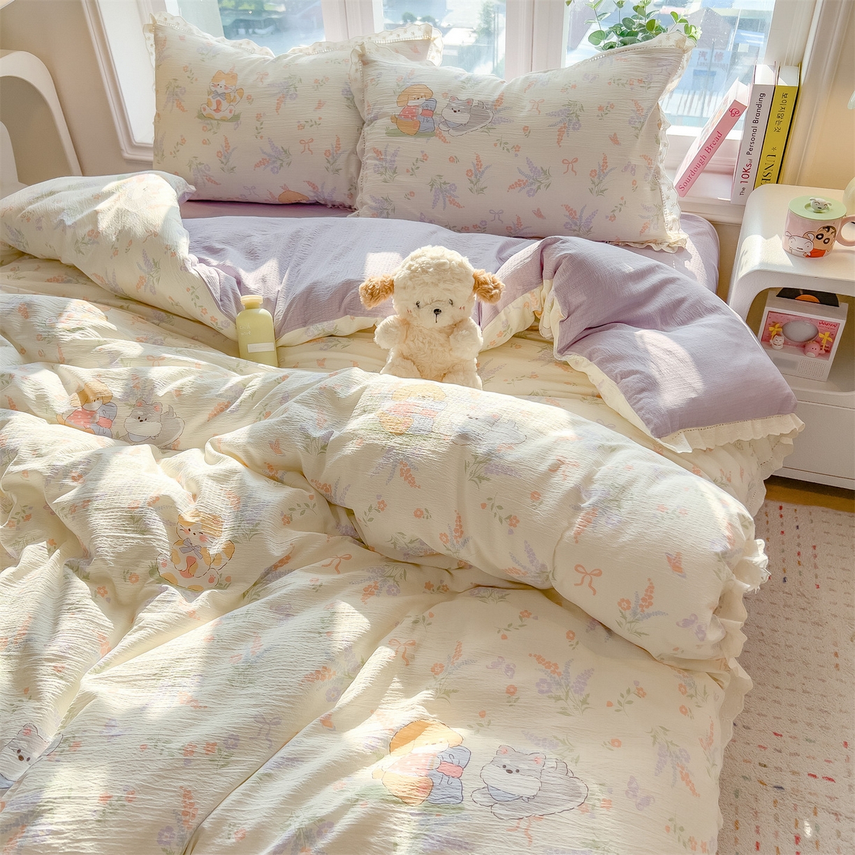 91家纺网 家纺一手货源 找家纺 雯豆家纺2025新品皱皱双层纱四件套镂空花边款三件套 快乐萌宝