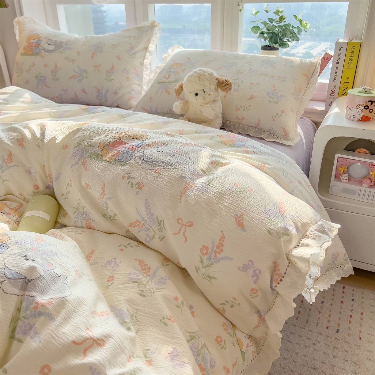 91家纺网 家纺一手货源 找家纺 雯豆家纺2025新品皱皱双层纱四件套镂空花边款三件套 快乐萌宝