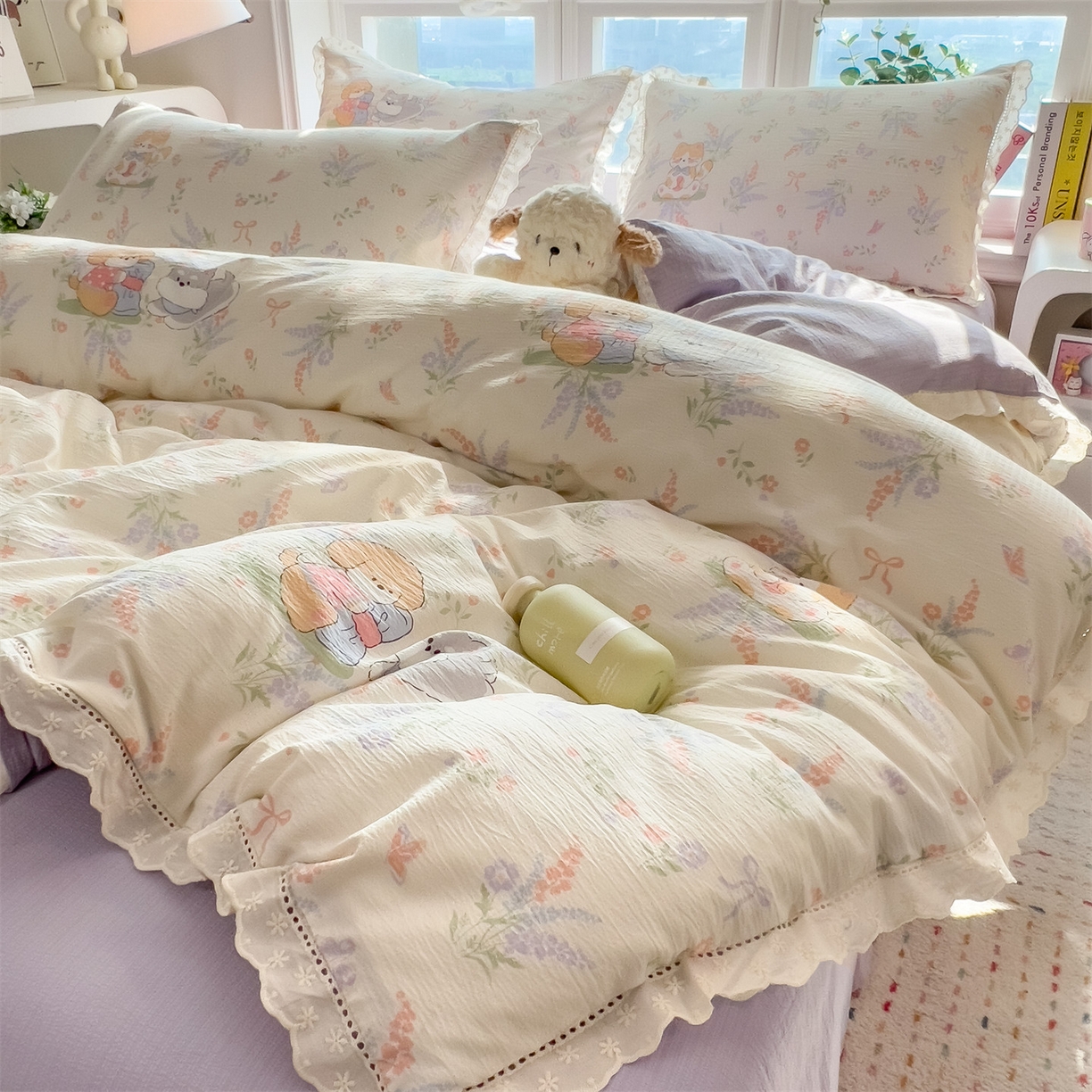 91家纺网 家纺一手货源 找家纺 雯豆家纺2025新品皱皱双层纱四件套镂空花边款三件套 快乐萌宝