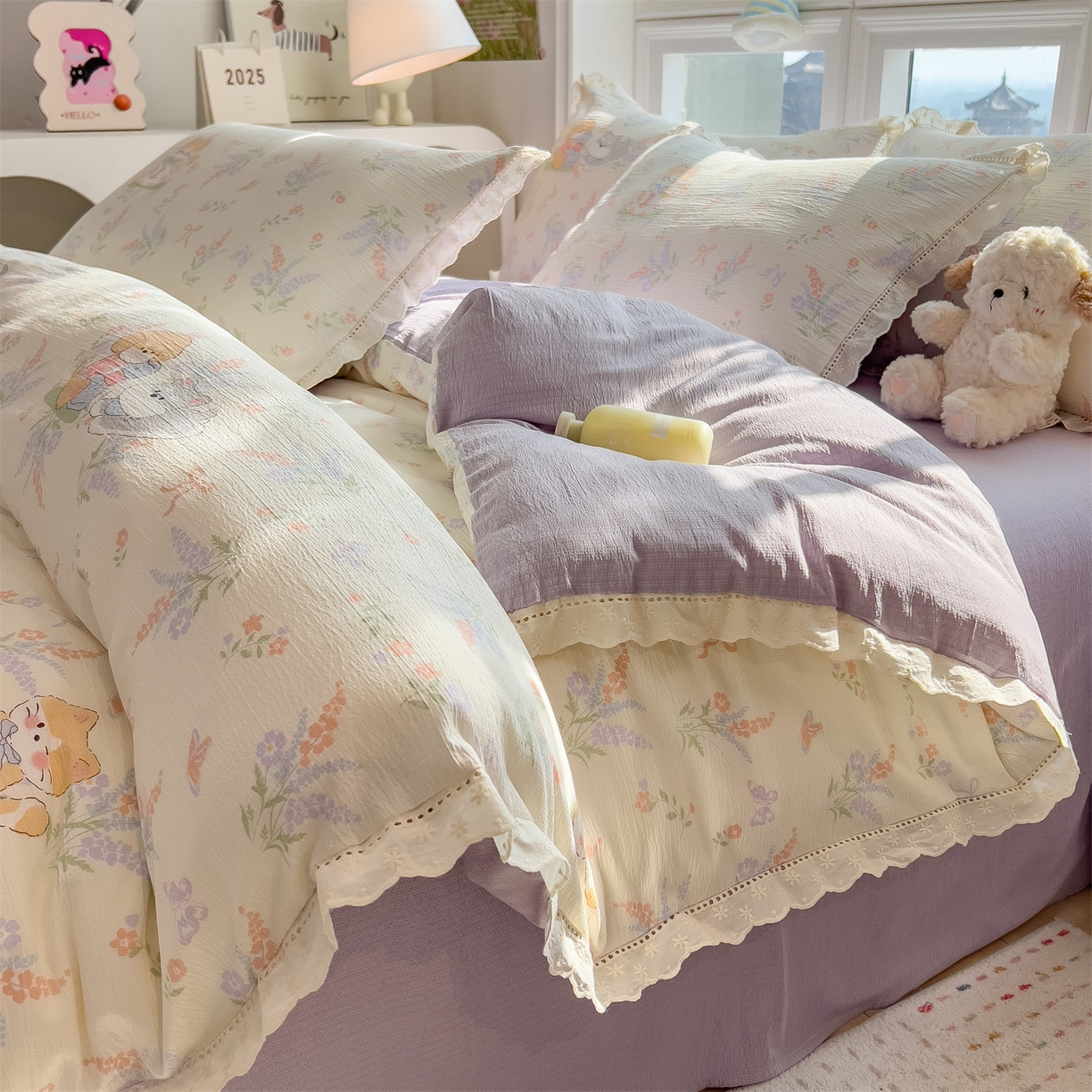 91家纺网 家纺一手货源 找家纺 雯豆家纺2025新品皱皱双层纱四件套镂空花边款三件套 快乐萌宝