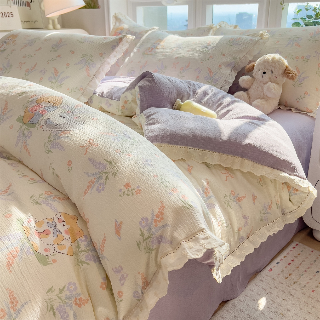 91家纺网 家纺一手货源 找家纺 雯豆家纺2025新品皱皱双层纱四件套镂空花边款三件套 快乐萌宝