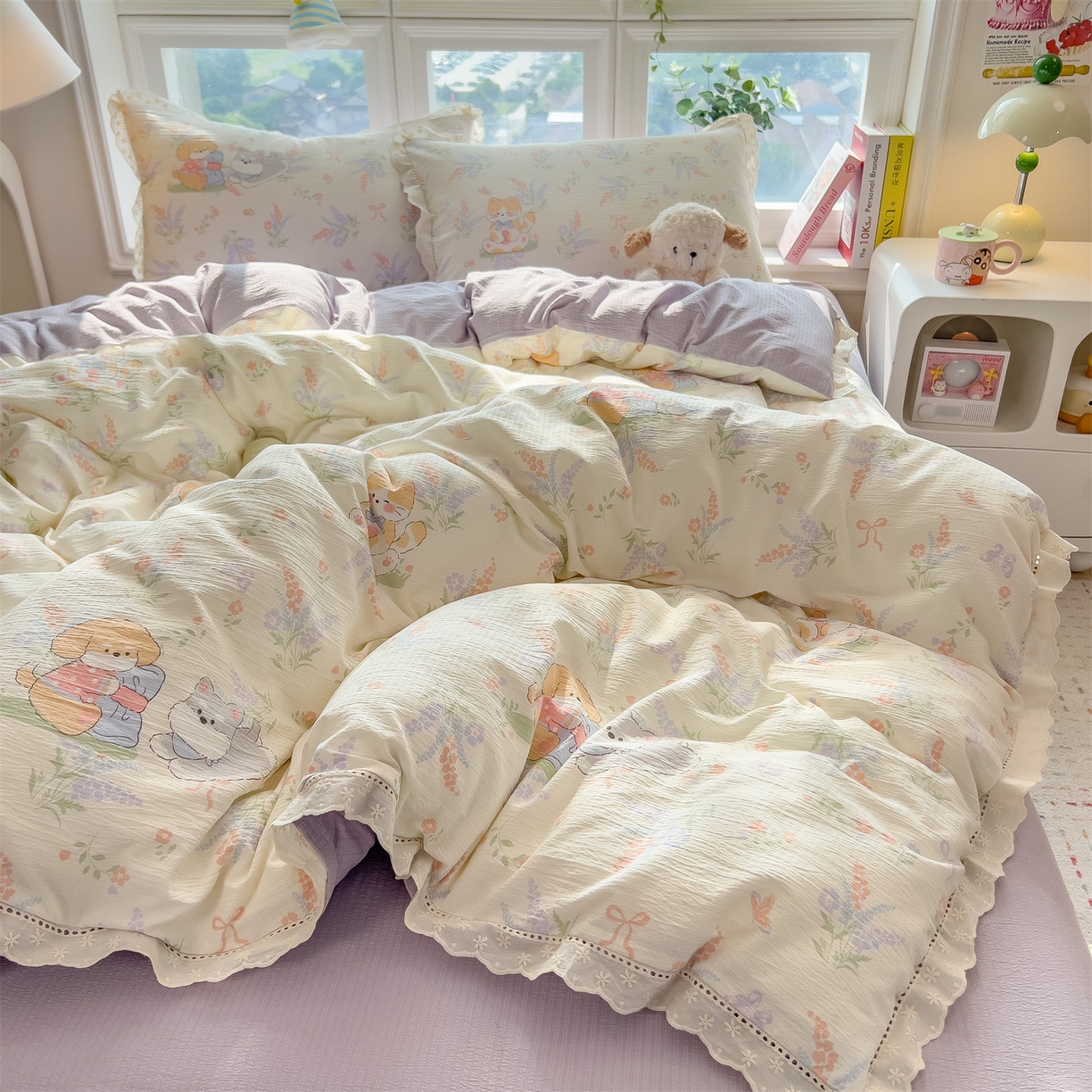 91家纺网 家纺一手货源 找家纺 雯豆家纺2025新品皱皱双层纱四件套镂空花边款三件套 快乐萌宝