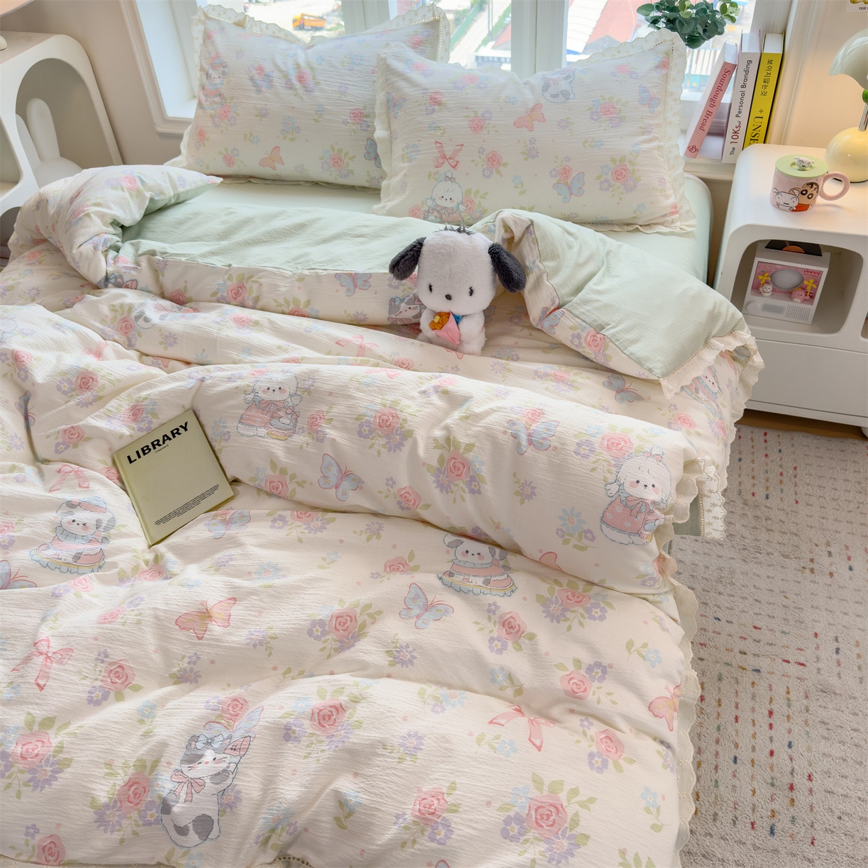 91家纺网 家纺一手货源 找家纺 雯豆家纺2025新品皱皱双层纱四件套镂空花边款三件套 快乐时光