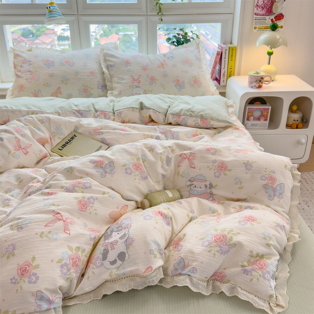 91家纺网 家纺一手货源 找家纺 雯豆家纺2025新品皱皱双层纱四件套镂空花边款三件套 快乐时光