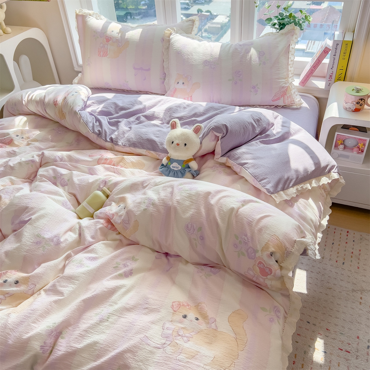 91家纺网 家纺一手货源 找家纺 雯豆家纺2025新品皱皱双层纱四件套镂空花边款三件套 毛球团团