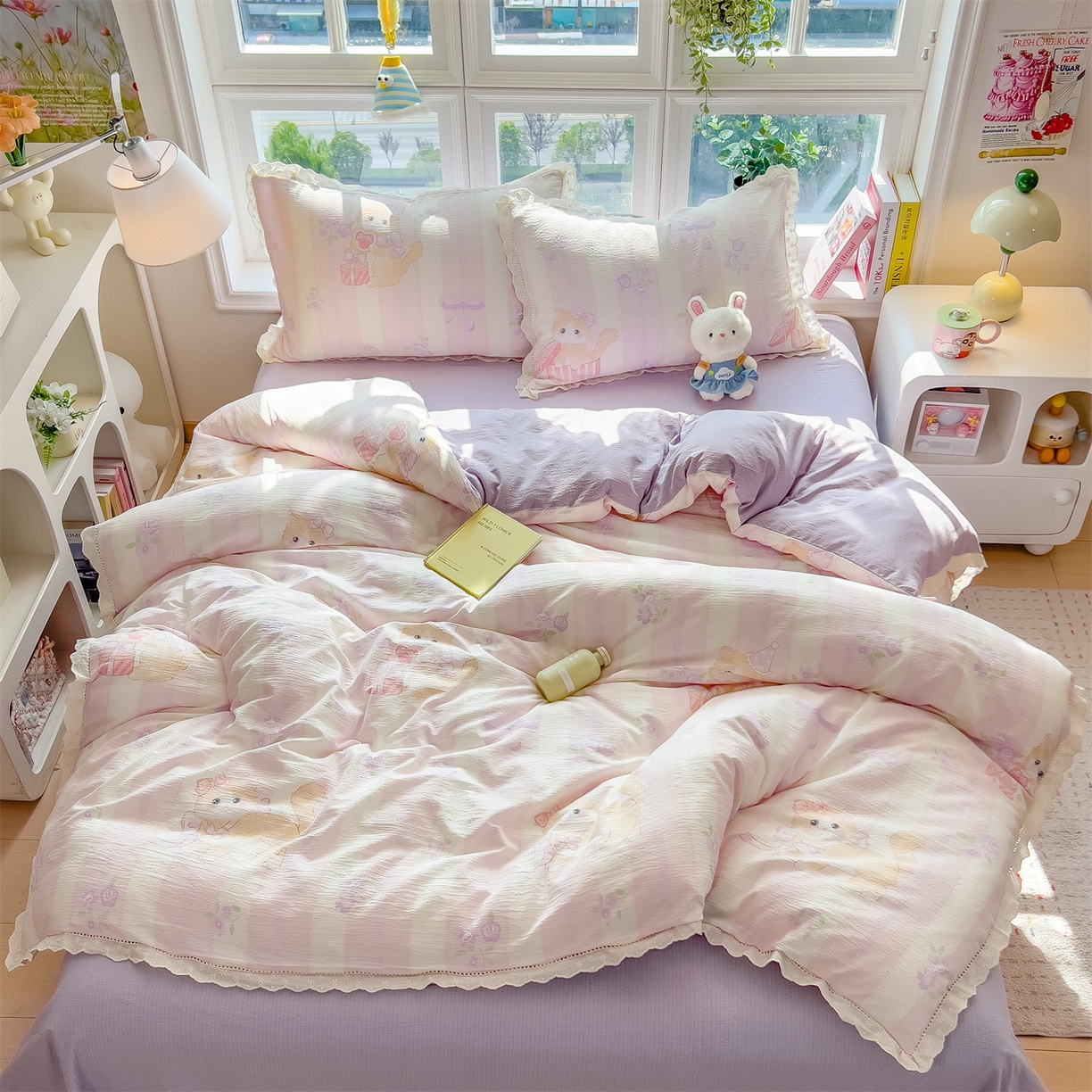 91家纺网 家纺一手货源 找家纺 雯豆家纺2025新品皱皱双层纱四件套镂空花边款三件套 毛球团团