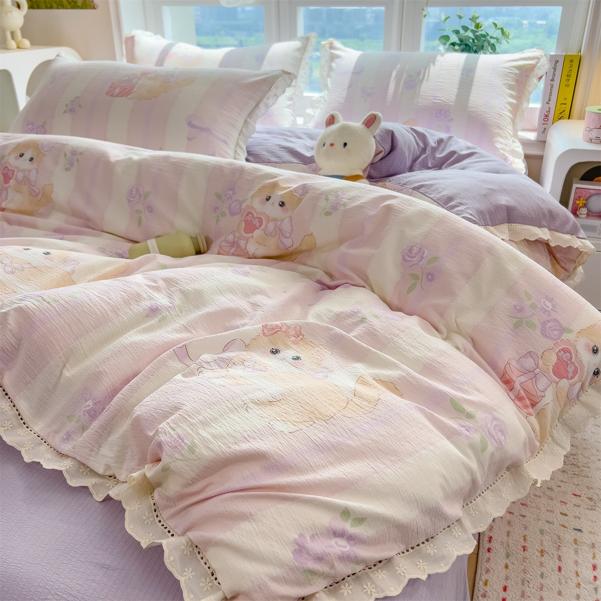 91家纺网 家纺一手货源 找家纺 雯豆家纺2025新品皱皱双层纱四件套镂空花边款三件套 毛球团团