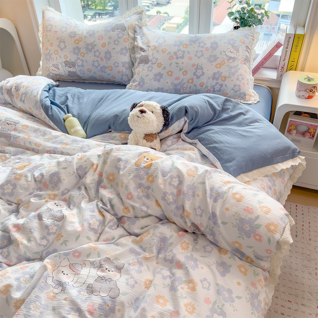 91家纺网 家纺一手货源 找家纺 雯豆家纺2025新品皱皱双层纱四件套镂空花边款三件套 奶萌小狗