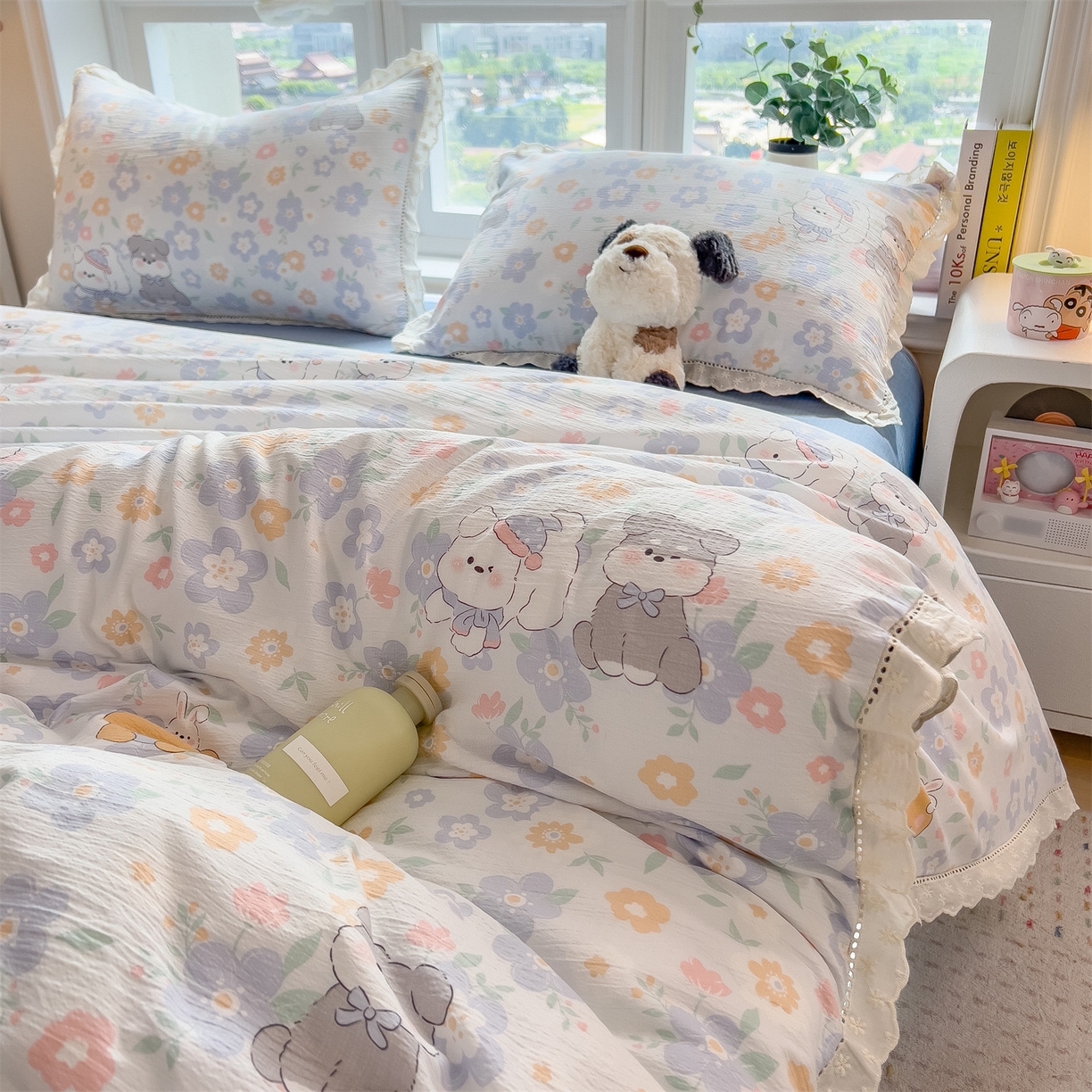 91家纺网 家纺一手货源 找家纺 雯豆家纺2025新品皱皱双层纱四件套镂空花边款三件套 奶萌小狗